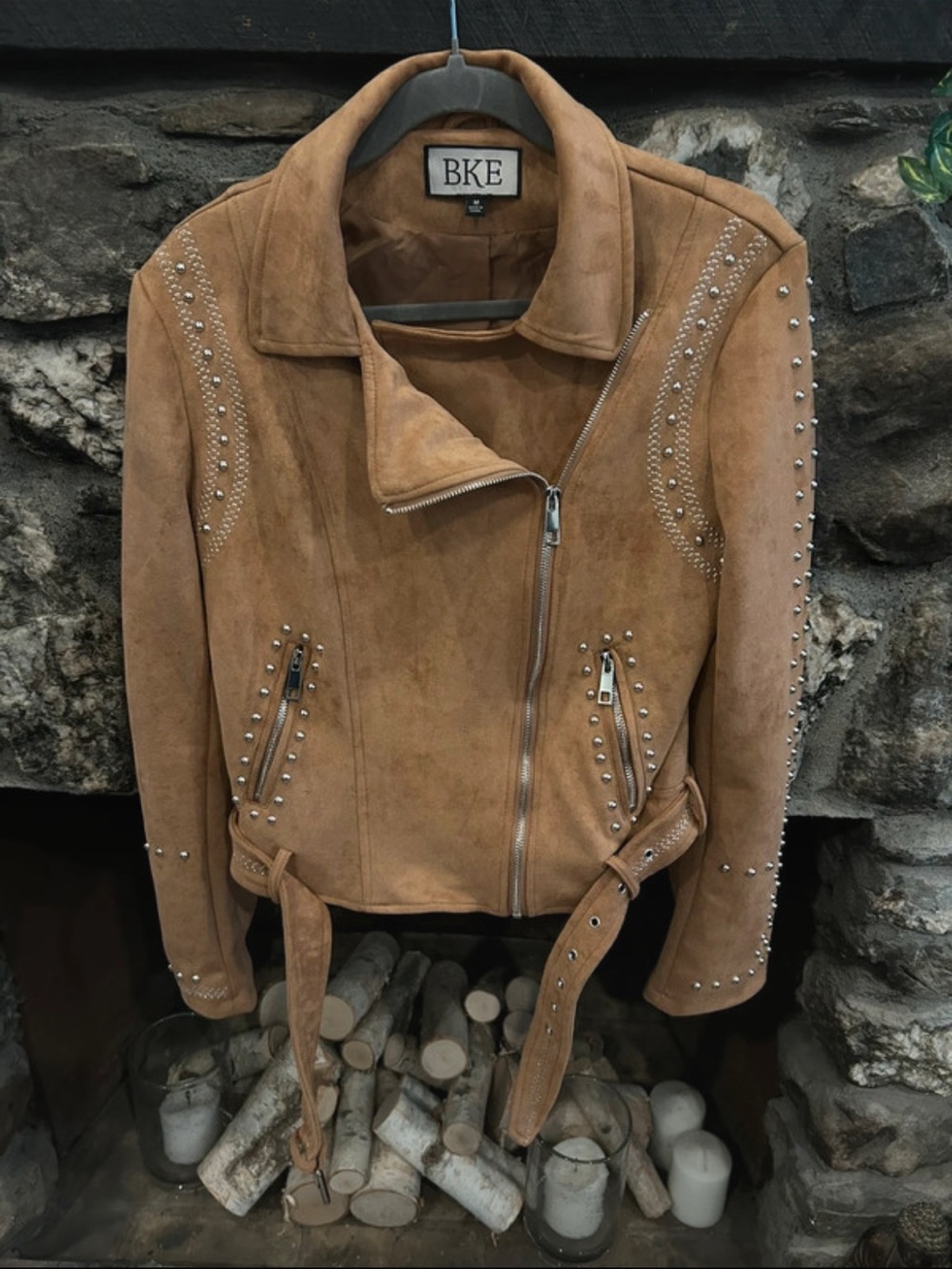 Women’s gorgeous brown silver studded moto jacket sz M brand new! Brand BKE